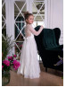 Long Sleeves Ivory Eyelash Lace Slit Back Flower Girl Dress